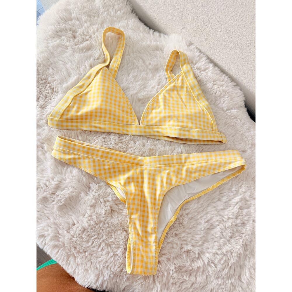 Double Zero Gingham Pastel Yellow Triangle 2pcs Bikinis Set Large‎ Summer Beach
